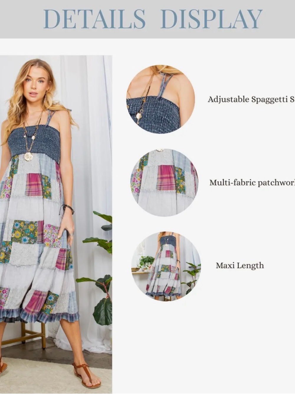 NWT Young Threads Patchwork Boho Smocked Midi Dress Blue Floral Cottagecore Fes - Picture 10 of 16